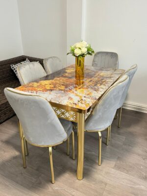 ANKA GOLD TABLE WITH 6 CHAIR - GREY GOLD LEG CHAIR