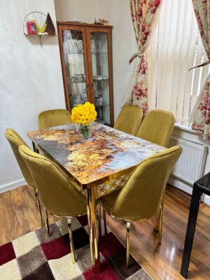 ANKA GOLD TABLE WITH 6 CHAIR - HONEY GOLD LEG CHAIR