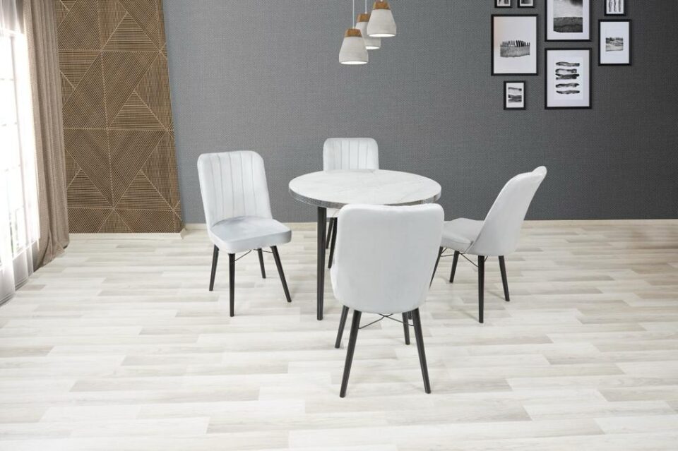 Lagina Round Wooden Table 90 cm AND 4 GREY FABRIC CHAIR . GREY COLOUR Black Leg