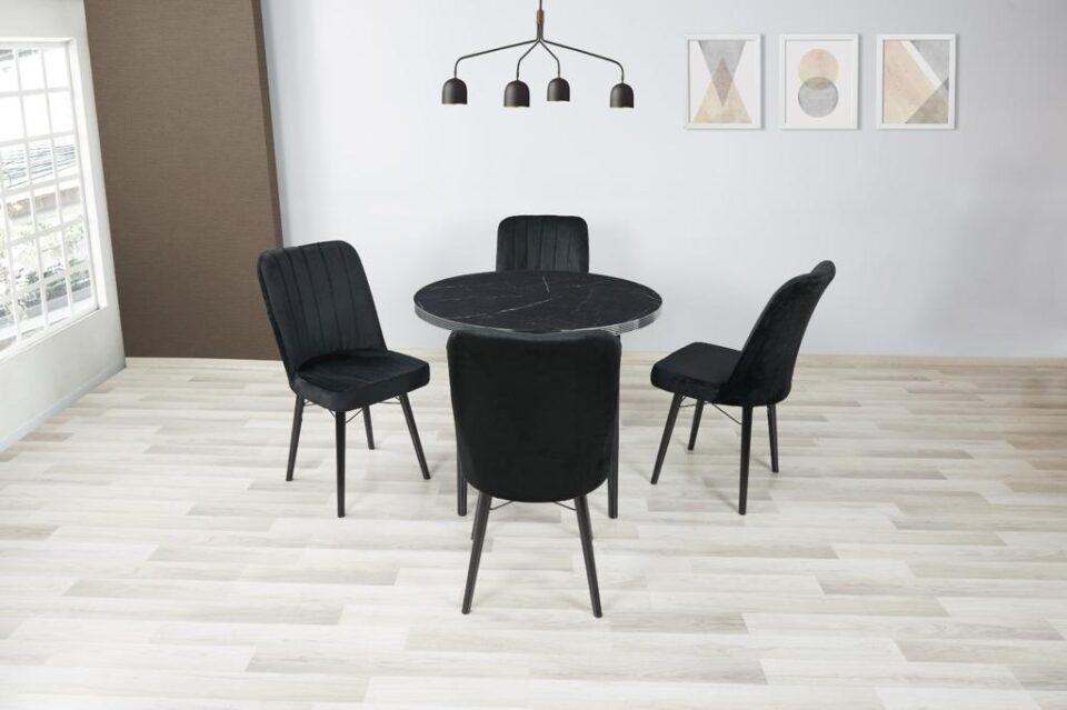 ROYAL MERMER Round Wooden Table 90 cm AND 4 BLACK FABRIC CHAIR . BLACK COLOUR Black Leg